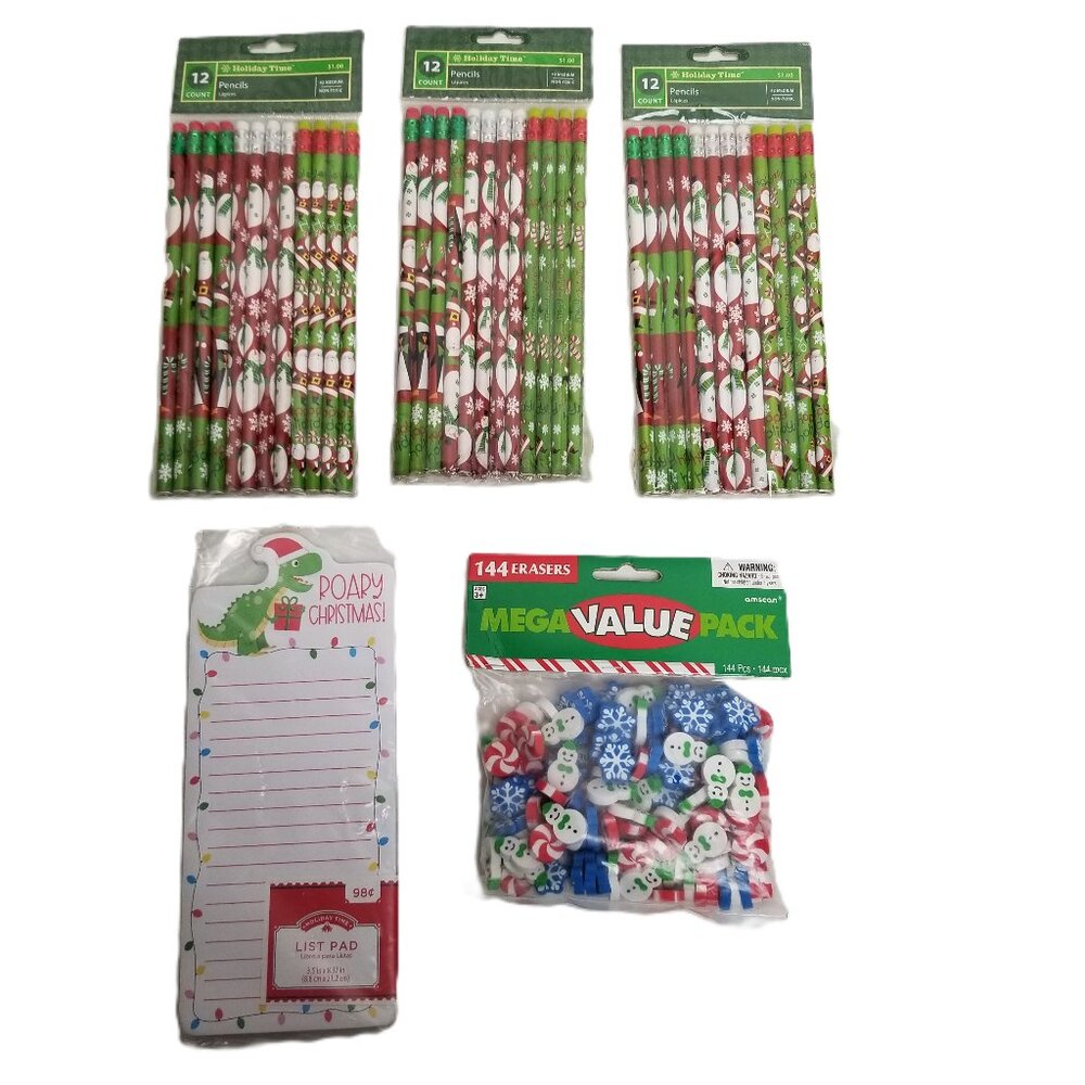 Holiday Stationery Bundle 36 Pencils 144 Erasers Snowman Santa Party